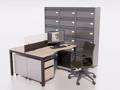 L shaped Office Desk With Wooden Top Computer Monitor Partition Ergonomic Chair And Filing Cabinet 3d model