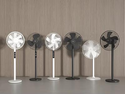 Multiple Standing Fans In White And Black Arranged Against Vertical Striped Wall On Gray Floor 3d model