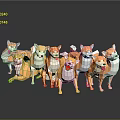 Multiple Low Poly Shiba Inu Game Movie Characters With Red Bowties Dark Background Reflections