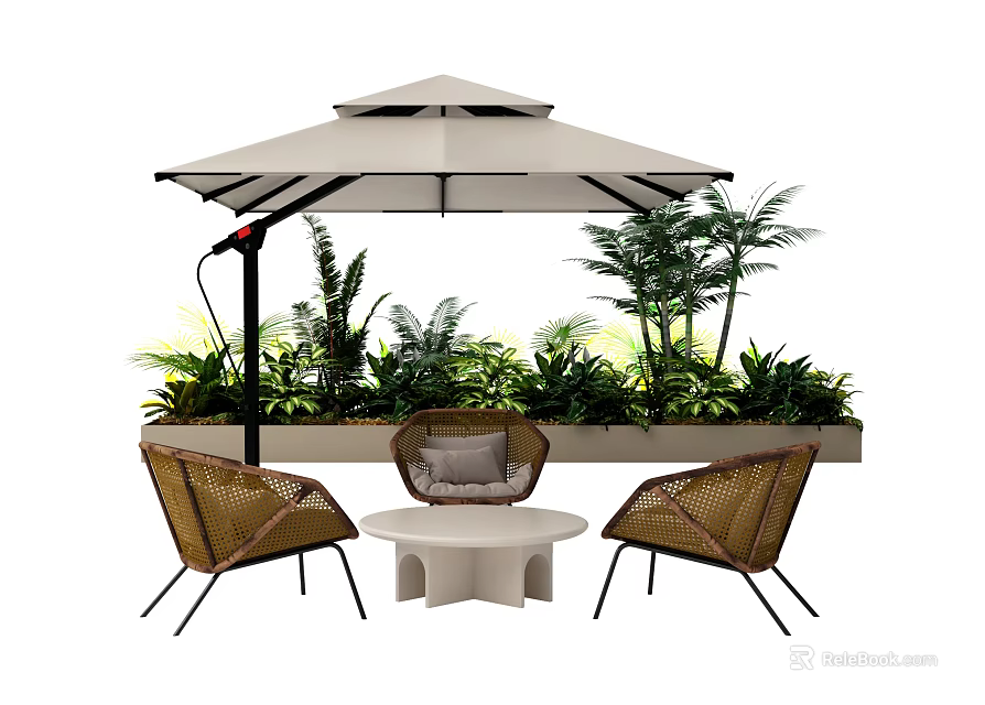 Outdoor Canopy With Wicker Chairs Small Table And Lush Green Plants 3d model 
