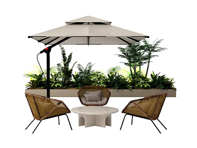 Outdoor Canopy With Wicker Chairs Small Table And Lush Green Plants 3d model