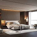 Modern Bedroom Interior With Wooden Panel Headboard Bedside Lamps Accent Chair And Large Window