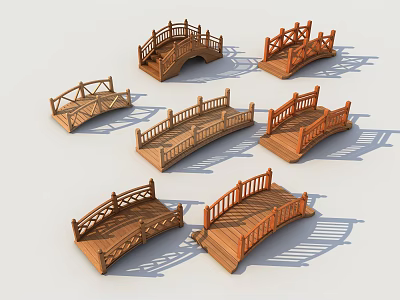 Wooden Garden Bridges 3D Models Featuring Various Designs and Railings 3d model
