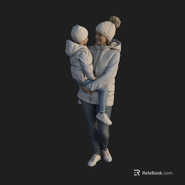 Two People Adult Holding Child Wearing Winter Coats With Knit Hats 3d model 