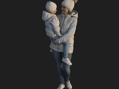 Two People Adult Holding Child Wearing Winter Coats With Knit Hats 3d model