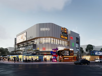 Vibrant Modern Commercial Street With Shops Pedestrians Outdoor Seating And Storefront Signboards 3d model