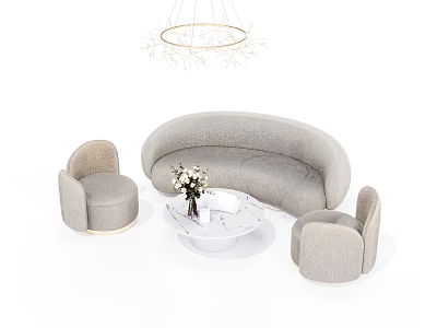 Modern Light Gray Curved Sofa and White Marble Coffee Table Set With Armchairs 3d model