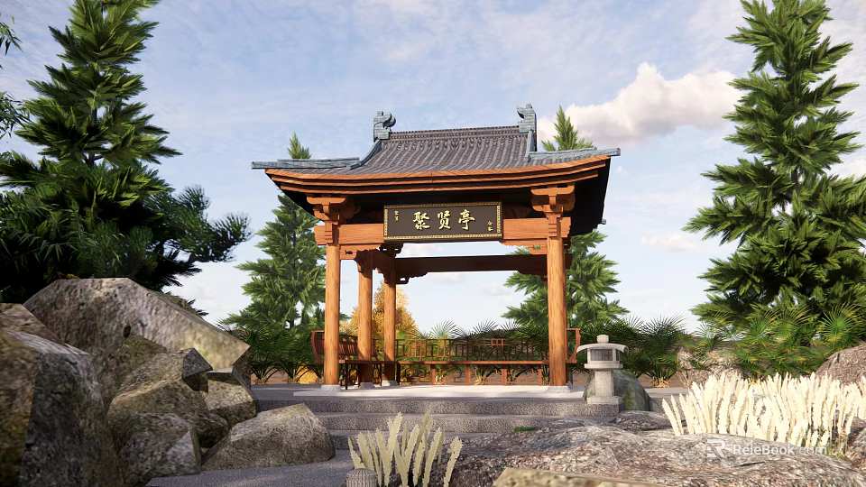 Traditional Chinese Pavilion With Black Tiled Roof Stone Landscape And Pine Trees 3d model 