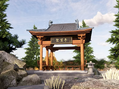 Traditional Chinese Pavilion With Black Tiled Roof Stone Landscape And Pine Trees 3d model