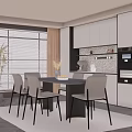 Modern Restaurant Interior Featuring Dining Table Chairs Open Kitchen Cabinets Window And Plant 3d model