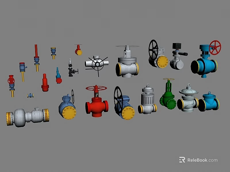 Assorted Colored Industrial Valves Including Gate Ball And Globe Types 3d model 