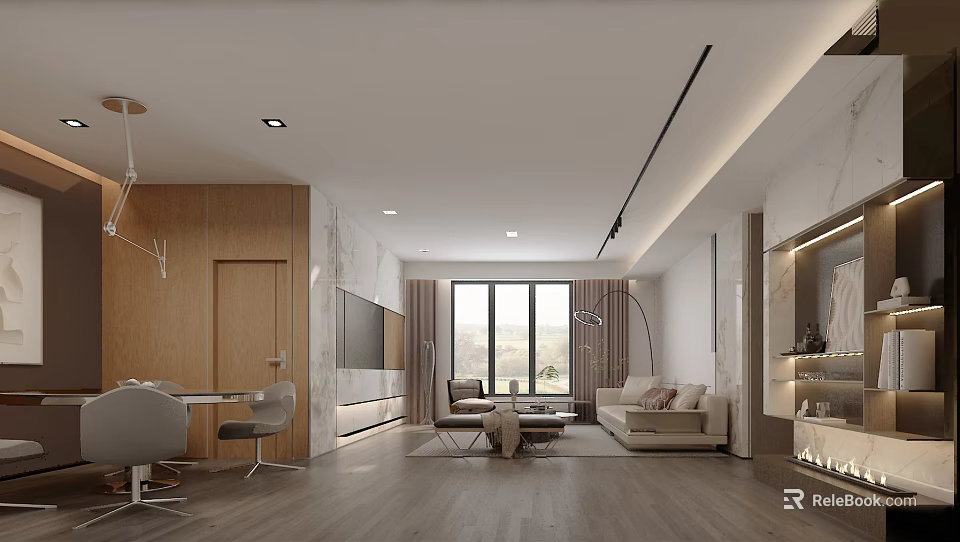 Bright Modern Neutral Toned Living Room With Warm Wooden Floor Marble Wall And Cozy Furnishings 3d model 