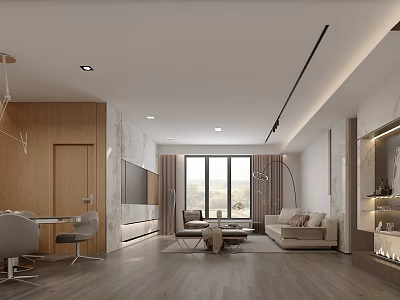 Bright Modern Neutral Toned Living Room With Warm Wooden Floor Marble Wall And Cozy Furnishings 3d model
