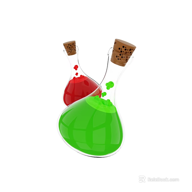 Decorative Glass Bottle Ornament Set With Red And Green Liquid And Cork Stoppers 3d model 