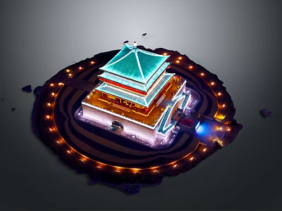 Traditional Chinese Multi story Tower With Green Roof Circular Lights And Night Illumination 3d model