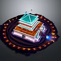 Traditional Chinese Multi story Tower With Green Roof Circular Lights And Night Illumination