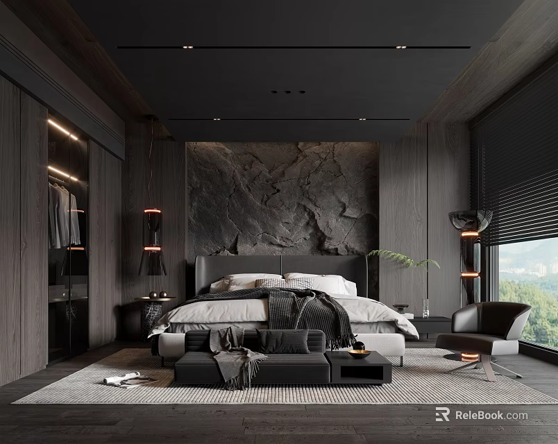 Dark Modern Bedroom Interior With Wooden Paneling Stone Wall Pendant Lights And Accent Chair 3d model 
