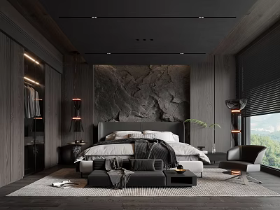 Dark Modern Bedroom Interior With Wooden Paneling Stone Wall Pendant Lights And Accent Chair 3d model