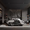 Dark Modern Bedroom Interior With Wooden Paneling Stone Wall Pendant Lights And Accent Chair
