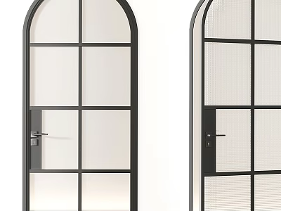Modern Black Frame Casement Doors With Arched Top And Grid Glass Panels 3d model