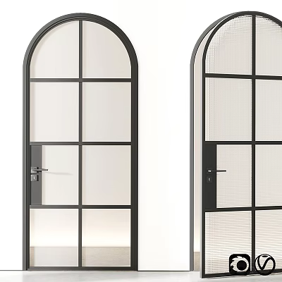 Modern Black Frame Casement Doors With Arched Top And Grid Glass Panels 3d model