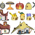 Colorful Playground Equipment with Mushroom Shaped Huts Windmill Toy Shop and Cartoon Style Structures