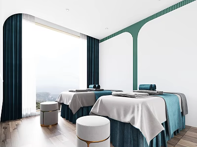Modern SPA Sauna Room With Massage Beds Blue Curtains White Walls And Wooden Floors 3d model
