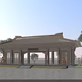 Traditional Chinese Entrance Gate With Classic Tile Roof Stone Lions and Surrounding Trees