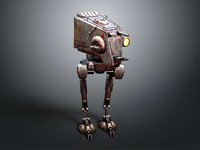 Rusty Metal Robot With Four Mechanical Legs And Yellow Head Light 3d model