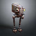 Rusty Metal Robot With Four Mechanical Legs And Yellow Head Light