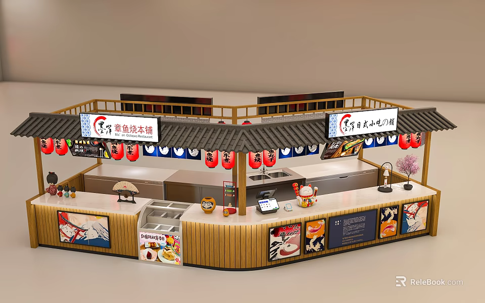 Mall Sushi Shop Japanese Style Interior With Red Lanterns Menu Boards And Counter 3d model 