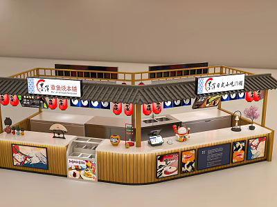 Mall Sushi Shop Japanese Style Interior With Red Lanterns Menu Boards And Counter 3d model