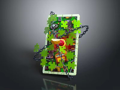 Commercial Equipment Wrapped With Green Puzzle Pieces And Metal Chains 3d model