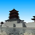 Ancient Chinese Architectural Complex With Pagoda Courtyard And Lakeside View 3d model
