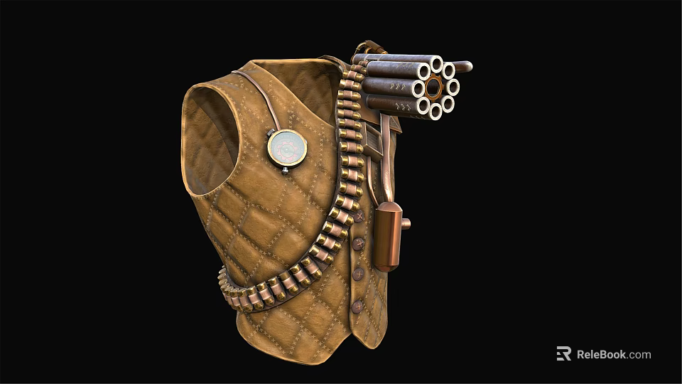 Vintage Brown Quilted Vest With Bullet Belt Pocket Watch And Revolver 3d model 