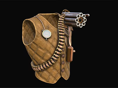 Vintage Brown Quilted Vest With Bullet Belt Pocket Watch And Revolver 3d model