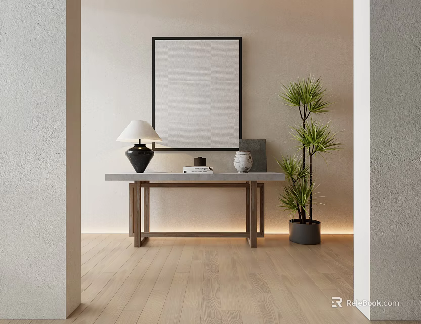 Modern Wooden Console Table in Entryway with Table Lamp Framed Art and Potted Plant 3d model 