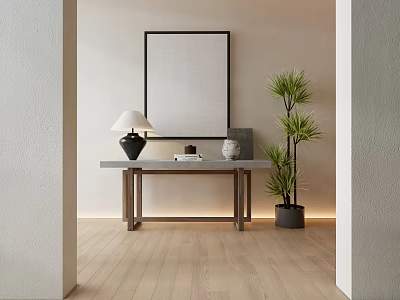 Modern Wooden Console Table in Entryway with Table Lamp Framed Art and Potted Plant 3d model