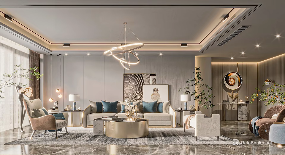 Modern Living Room Interior With Sofa Coffee Table Chandelier And Decorative Plants 3d model 
