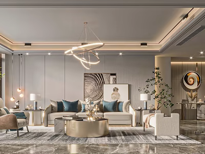 Modern Living Room Interior With Sofa Coffee Table Chandelier And Decorative Plants 3d model