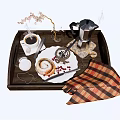 Fresh Cinnamon Roll with Hot Coffee on Wooden Tray and Plaid Cloth Decoration
