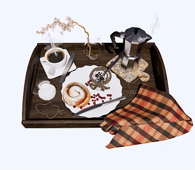 Fresh Cinnamon Roll with Hot Coffee on Wooden Tray and Plaid Cloth Decoration 3d model
