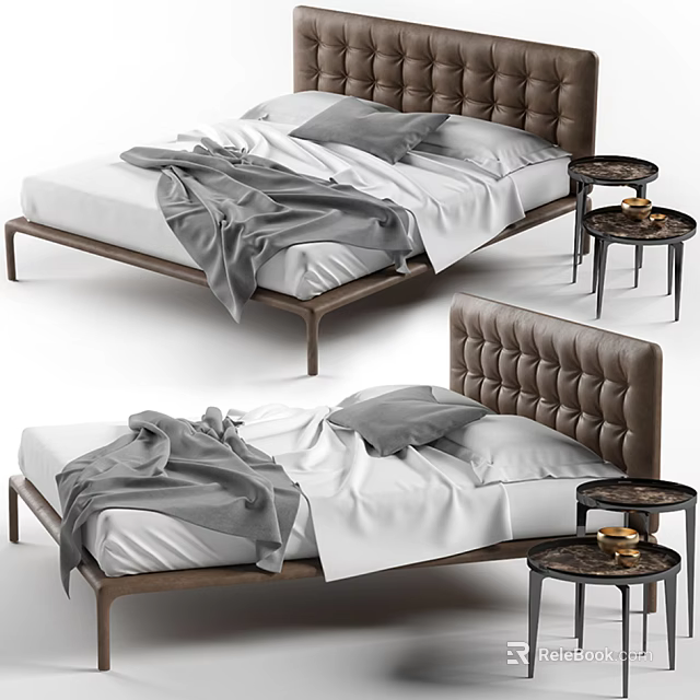 Elegant Brown Tufted Headboard Double Bed With White Sheets Gray Blanket And Round Side Tables 3d model 