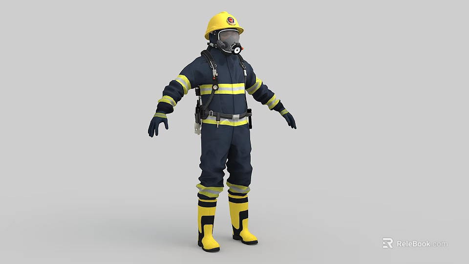 A Man Wearing Black Firefighter Uniform With Yellow Stripes Helmet Breathing Mask And Yellow Boots 3d model 