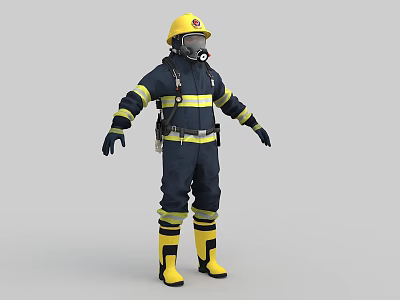 A Man Wearing Black Firefighter Uniform With Yellow Stripes Helmet Breathing Mask And Yellow Boots 3d model