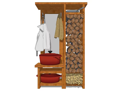 Wooden Storage Cabinet With Hanging Clothes Red Pots Woven Storage And Bottom Grains 3d model