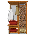 Wooden Storage Cabinet With Hanging Clothes Red Pots Woven Storage And Bottom Grains