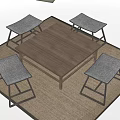 Cozy Wooden Table Set With Gray Padded Stools And Black Metal Legs On Beige Rug