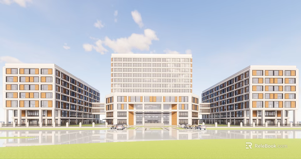Modern Multistory Building With Central Tower Side Wings Glass Windows Front Plaza Lawn And Parking 3d model 