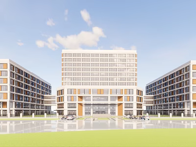 Modern Multistory Building With Central Tower Side Wings Glass Windows Front Plaza Lawn And Parking 3d model